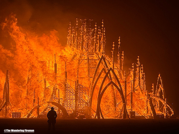 The "Temple of Together" is ablaze at Burning Man in Black Rock City Nevada