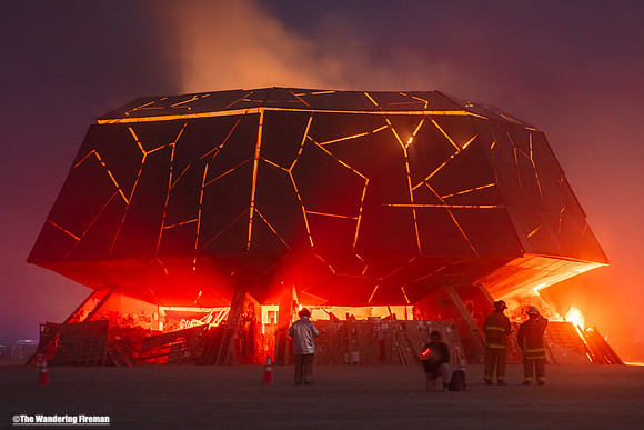 The "Temple of the Deep" burns at Burning Man in Black Rock City Nevada