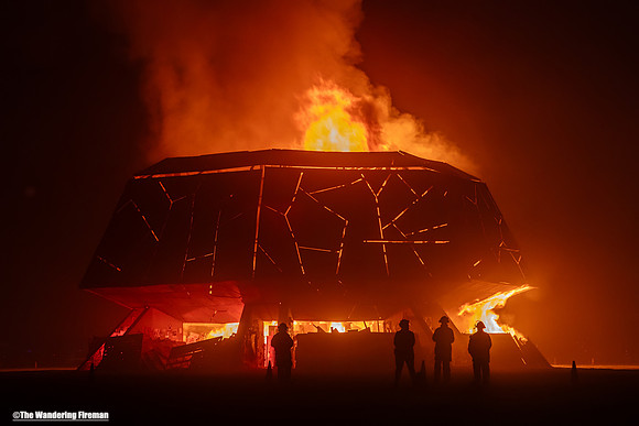 The "Temple of the Deep" burns at Burning Man in Black Rock City Nevada