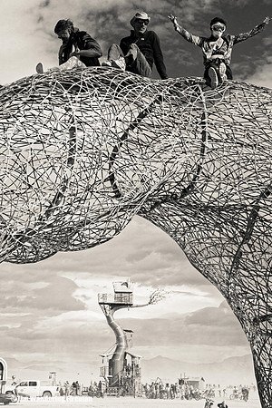 "Above and Below" art piece in the distance behind "Mundara" art piece on the playa of Black Rock City Nevada