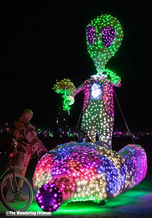 Colourful mutant art car on the playa of Burning Man in Black Rock City Nevada