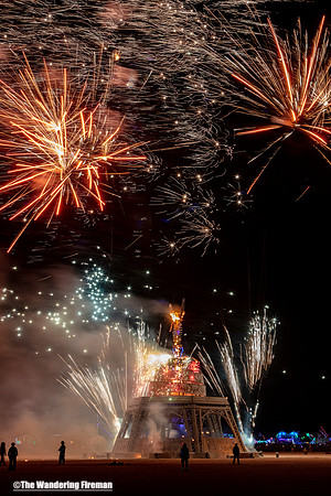 Fireworks as the Man begins to burn at Burning Man