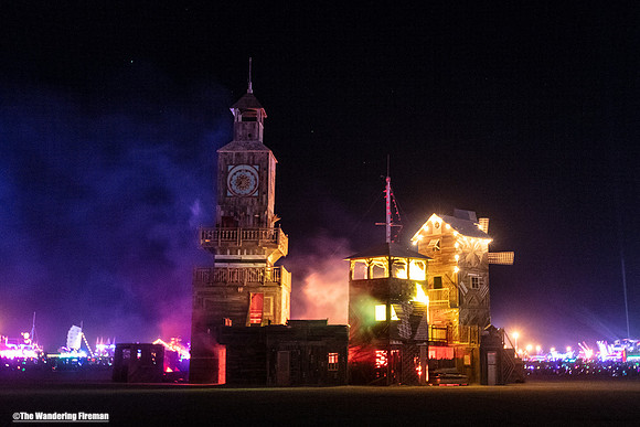 The Folly art project at Burning Man in Black Rock City Nevada begins to burn