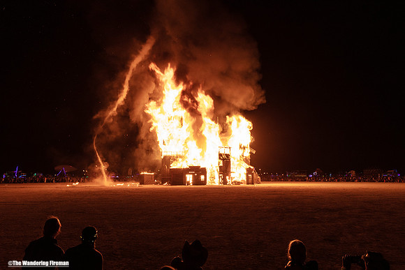 The Folly art piece burns at Burning Man in Black Rock City Nevada