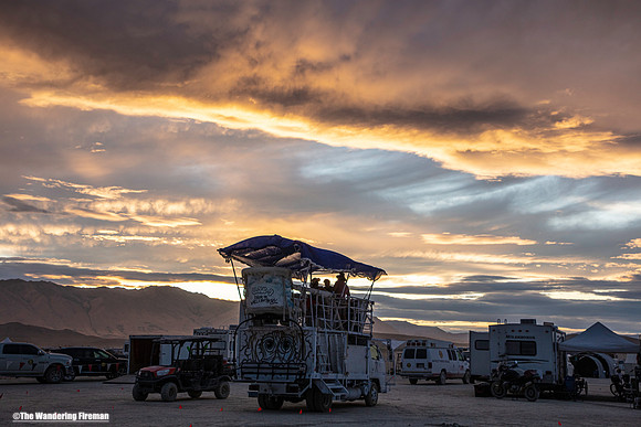 Mutant art car against a sunset
