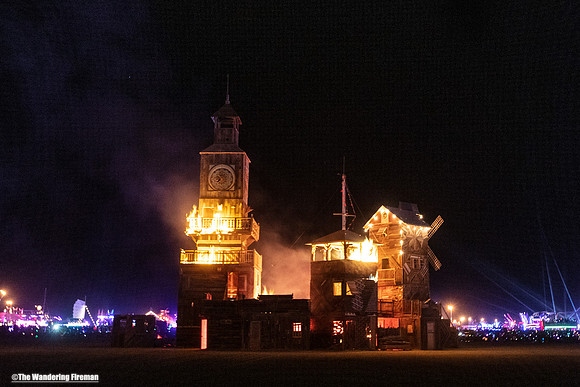 The Folly art project at Burning Man in Black Rock City Nevada continues to burn