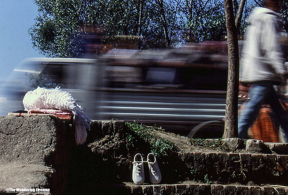 Shoes shawl and traffic in Kathmandu Nepal
