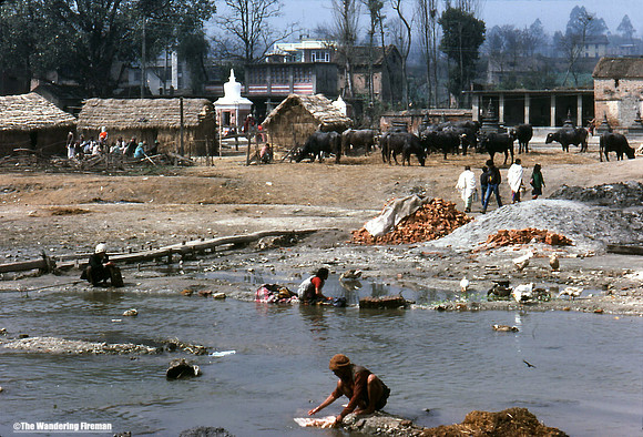 Doing laundry by the river in Kathmandu Nepal
