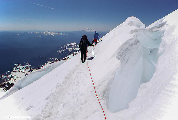 Descending through the glacier on Mount Ranier in Washington State