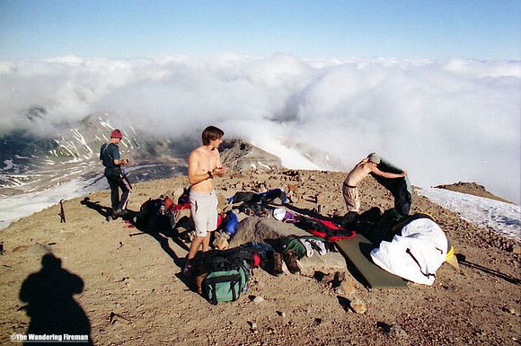 Climbers resting half way up Mount Ranier in Washington State
