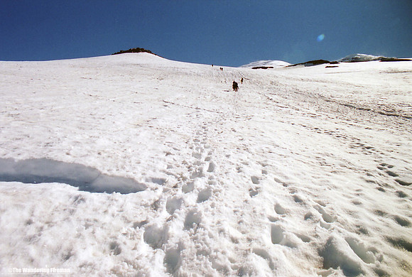 Climbing up the glacier of Mount Ranier in Washington State
