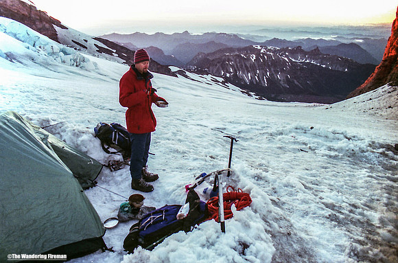Resting on the glacier at camp Shurman on Mount Ranier in Washington State