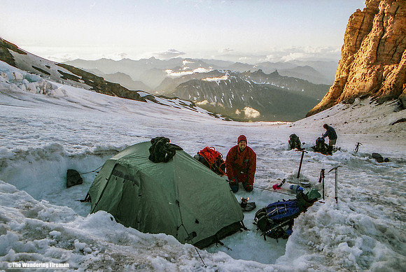 Eating dinner at camp Shurman on Mount Ranier in Washington State