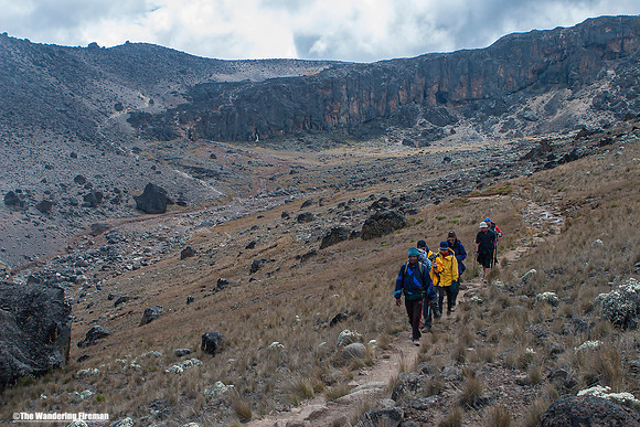 "Hiking the Machame trail on Kilimanjaro in Tanzania."