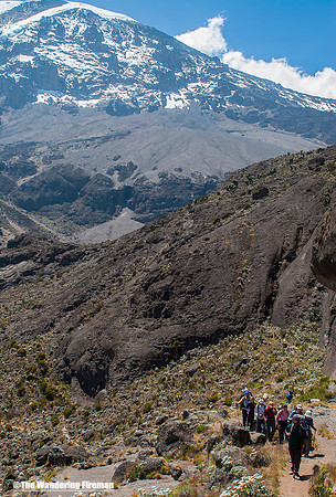 "Hiking the Machame trail on Kilimanjaro in Tanzania."