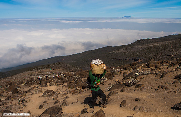 "Hiking the Machame trail on Kilimanjaro in Tanzania."