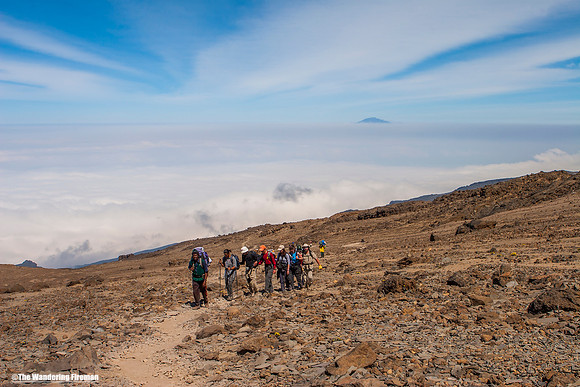 "Hiking the Machame trail on Kilimanjaro in Tanzania."