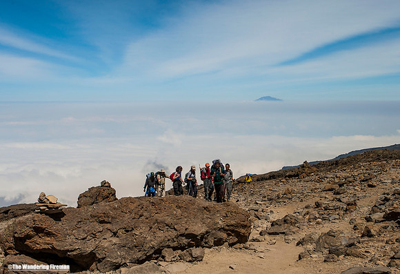 "Hiking the Machame trail on Kilimanjaro in Tanzania."