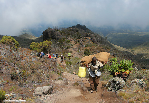 "Hiking the Machame trail on Kilimanjaro in Tanzania."