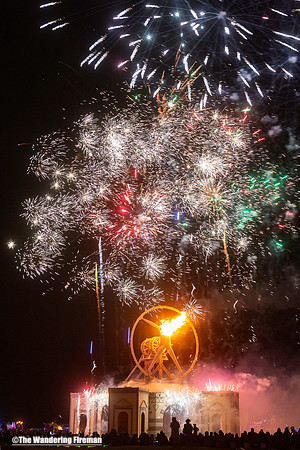 Fireworks over the Man Burn at Burning Man