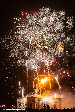 Fireworks over the "Man" burn at Burning Man