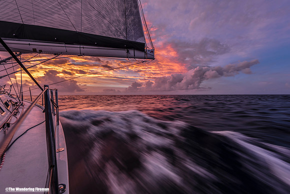 The Swiss yacht Aranui sails into the Pacific sunset