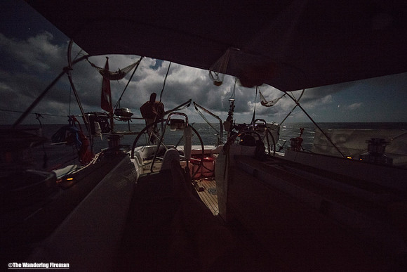 Sailing the Pacific Ocean at night on the Aranui yacht.