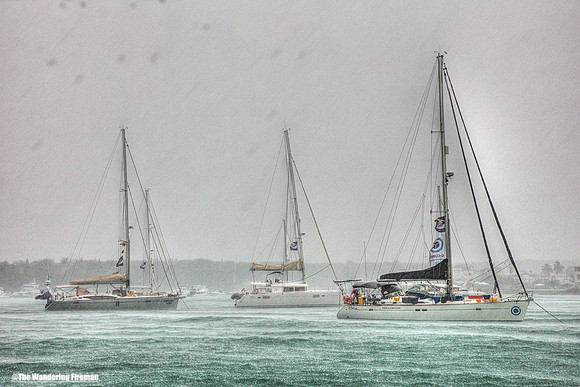 Three yachts in the harbour of Puerto Ayora of the Galapagos Islands