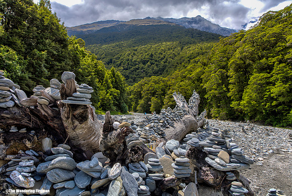 Stones and chortens on a riverbed of the south island in New Zealand