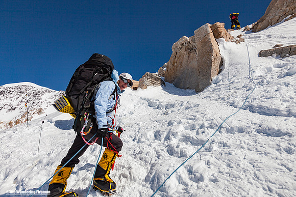 A mountain climber on the West Buttress ridge of Denali, Alaska, the highest mountain in North America
