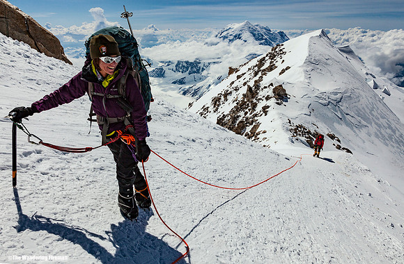 A mountain climber pushes along the West Buttress ridge of Denali, Alaska, the highest mountain in North America
