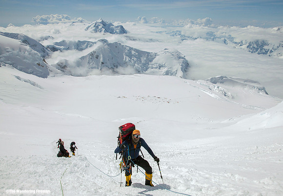 A mountain cllimber approaches the top of the fixed lines on Denali, Alaska, the highest mountain in North America