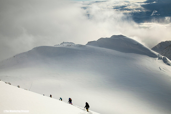 A rope team descends down the Autobahn on Denali, Alaska, the highest mountain of North America