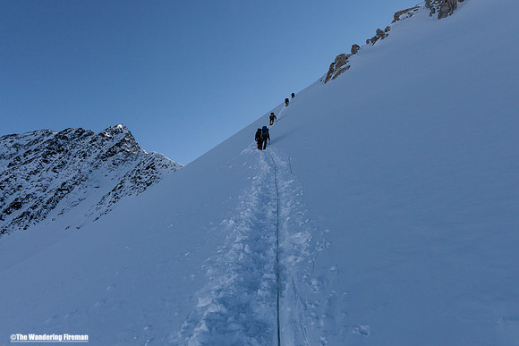 Breaking a trail on the Autobahn heading toward Zebra rocks on Denali, Alaska, the highest mountain in North America