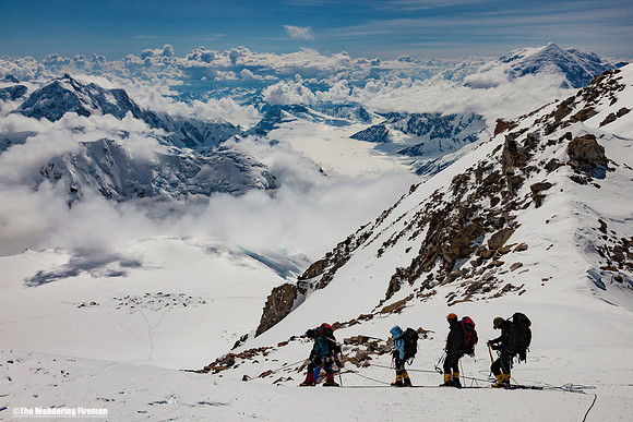 Climbers begin the descent from the West Buttress ridge on Denali, Alaska, the highest mountain in North America