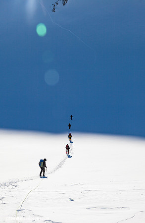 Climbing into the freezing shadows of the Autobahn traverse of Denali, Alaska, the highest mountain in North America