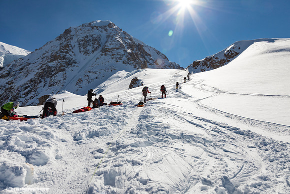 Climbing toward windy corner on Denali, Alaska, the highest mountain in North America