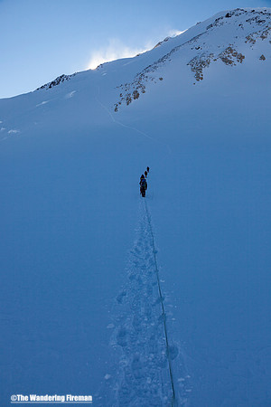 Climbing toward Zebra rocks on Denali, Alaska, the highest mountain in North America