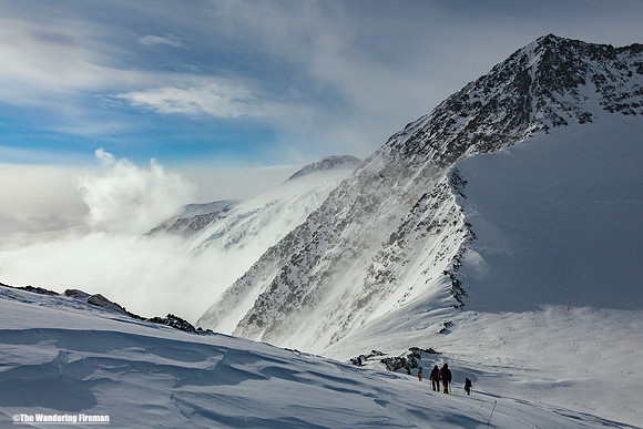 Descending around Zebra Rocks on Denali, Alaska, the highest mountain North America
