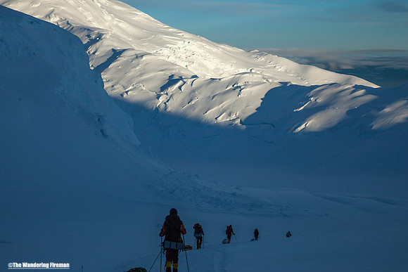 Descending from the summit in the bitter cold of Denali of Alaska