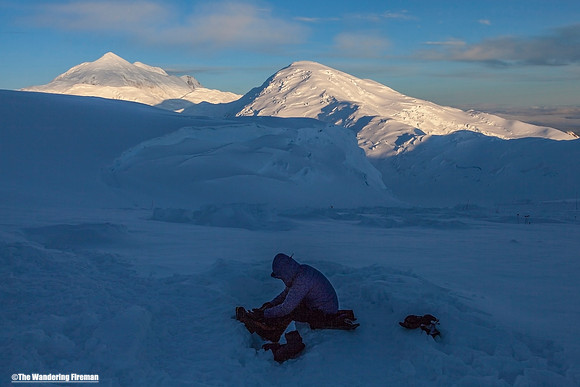 Getting dressed to climb on Denali, Alaska, the highest mountain in North America