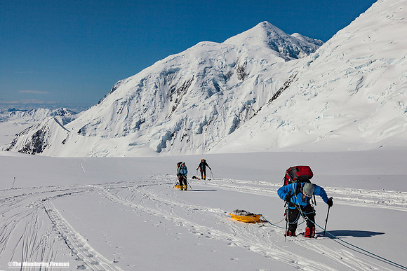 Hiking along the glacier of Denali, Alaska, the highest mountain in North America