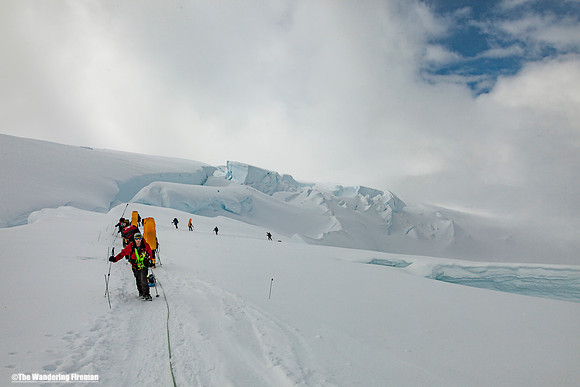 Hiking away from windy corner of Denali, Alaska, the highest mountain in North America