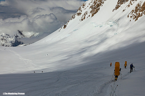 Hiking down from a food cache on Denali, Alaska, the highest mountain in North America