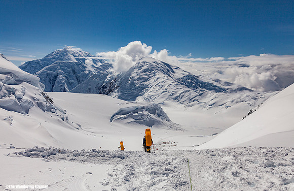 Hiking down Motorcycle Hill of Denali, Alaska, the highest mountain in North America