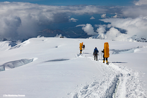 Hiking down to 11,000' camp from a food cache on Denali, Alaska, the highest mountain in North America