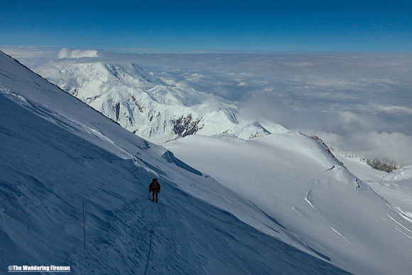 Looking back toward high camp from the Autobahn on Denali, Alaska, the highest mountain in North America