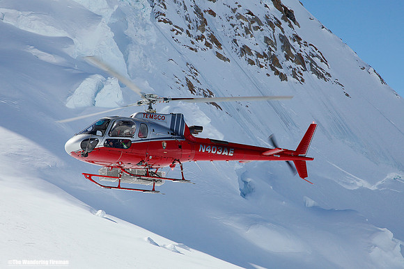 Rescue helicopter on Denali in Alaska, the highest mountain in North America
