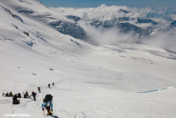 Rope teams head up the fixed lines on Denali, Alaska, the highest mountain in North America