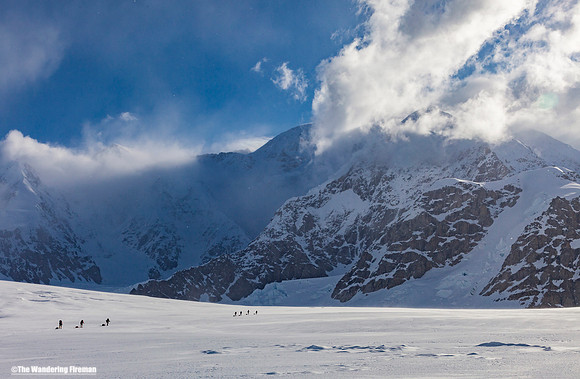Rope teams in the distance on Denali, Alaska, the highest mountain in North America